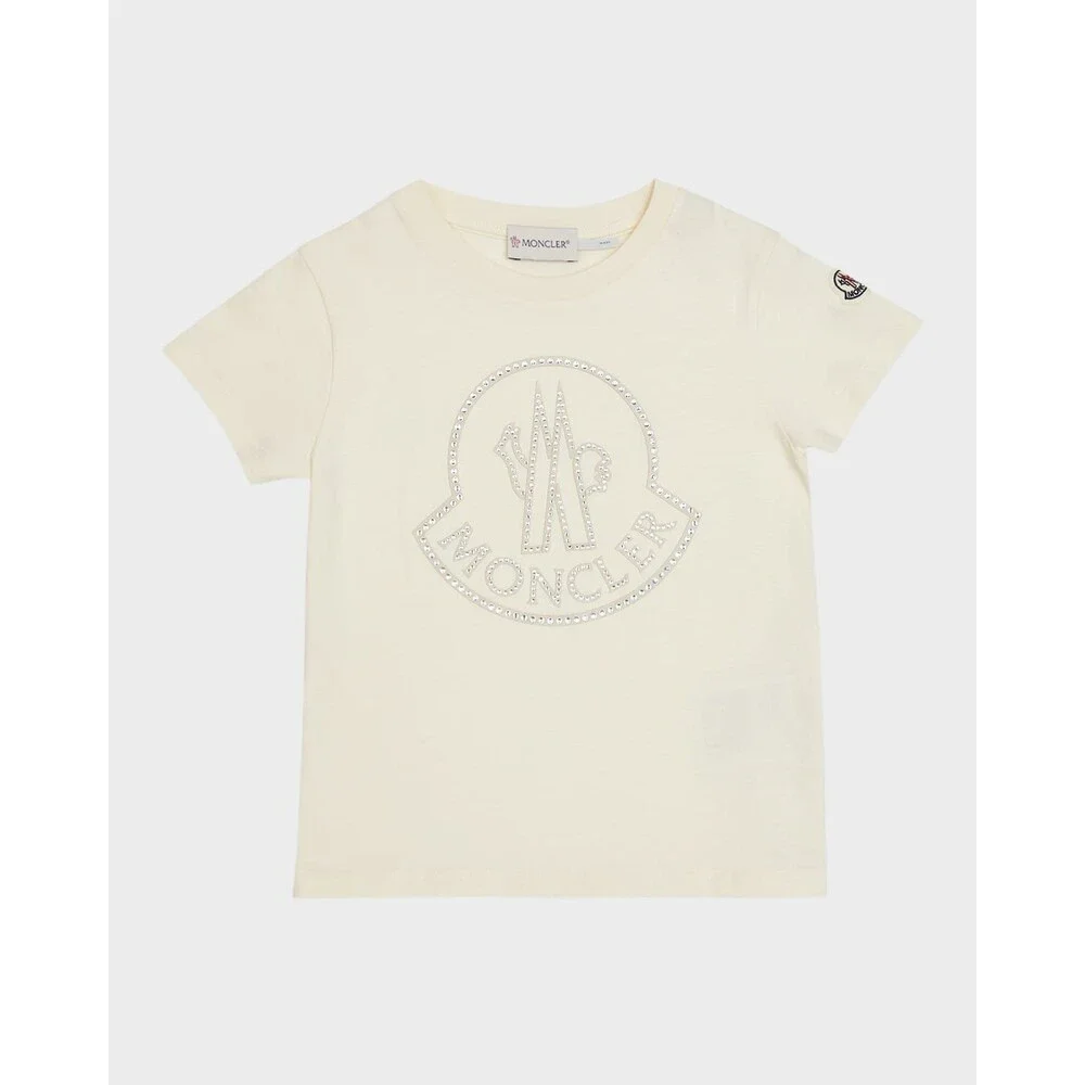Moncler Logo Studded Graphic T-Shirt Girls 4A Cream Short Sleeve Crew Neck